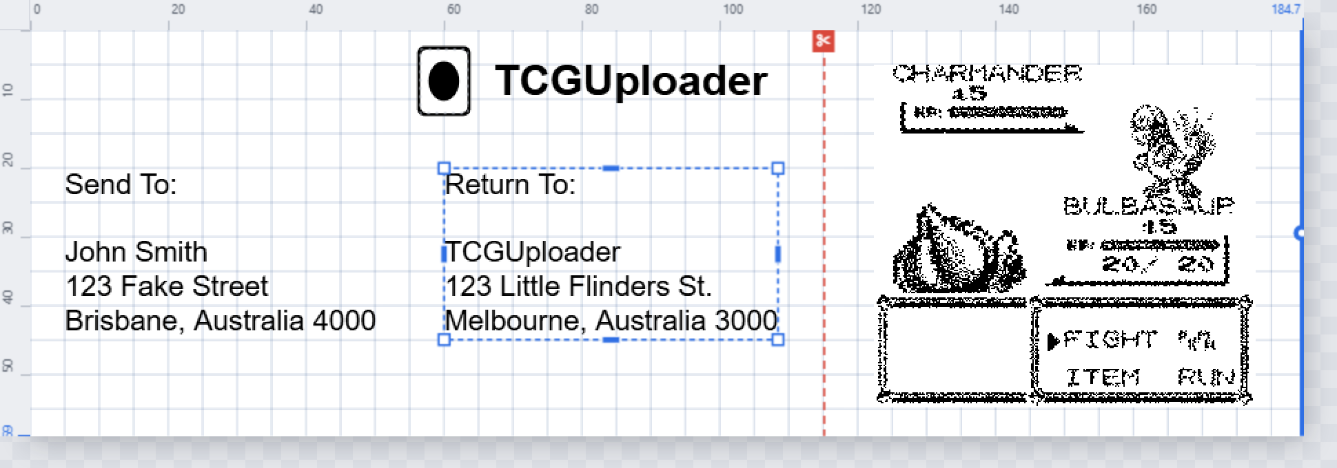 The canvas showing the example label with a dashed red cut line between the addresses and the picture.