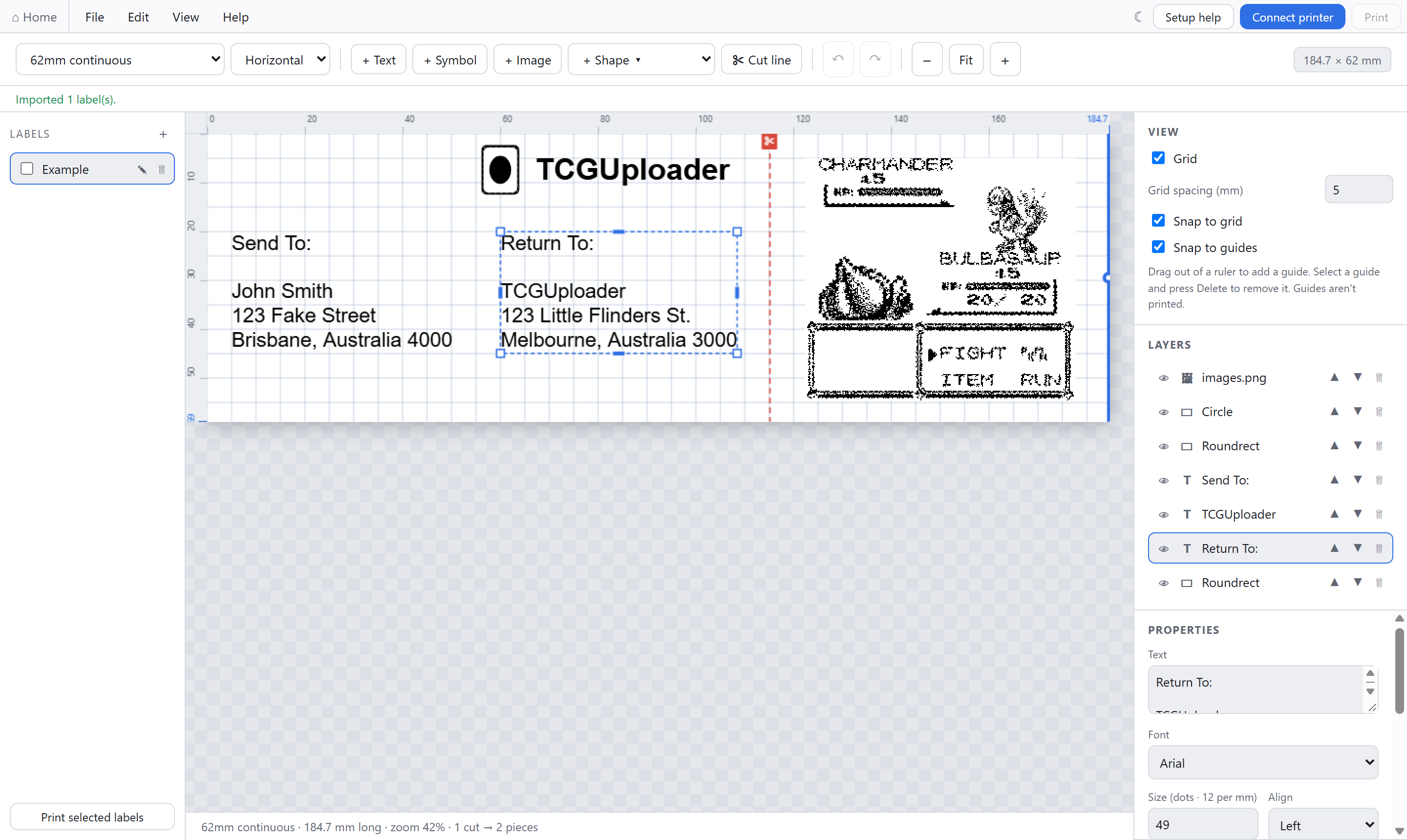 The QL-700 Label Studio editor with the example label open.