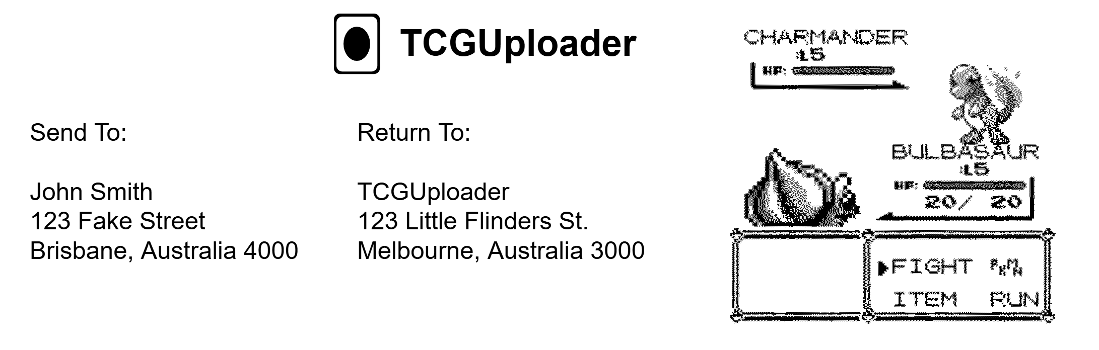 Example label as it will print: a TCGUploader header with a logo, Send To and Return To address blocks, a cut line, then a dithered Game Boy battle screenshot.