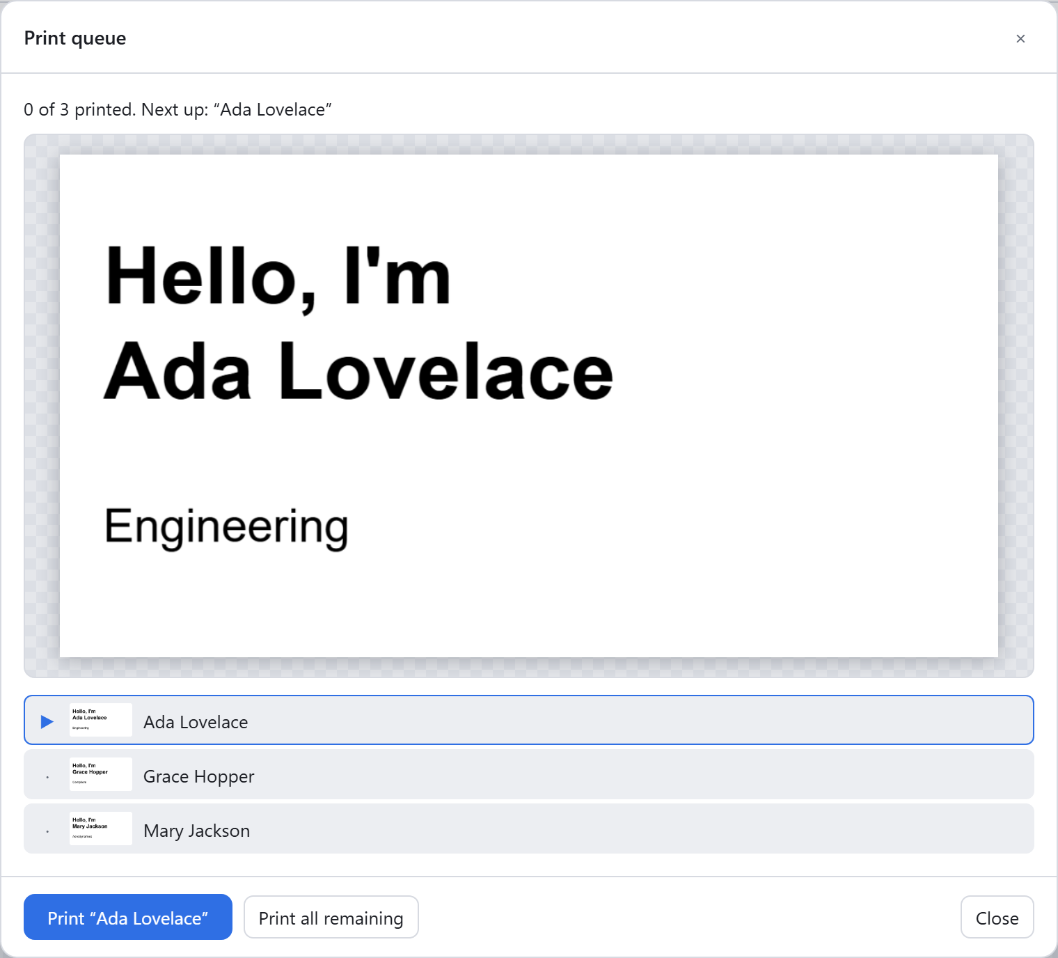 Print queue showing a preview of the first name badge and the list of rows to print.