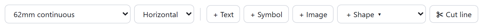 The toolbar: tape dropdown, orientation, add text / symbol / image / shape, cut line.